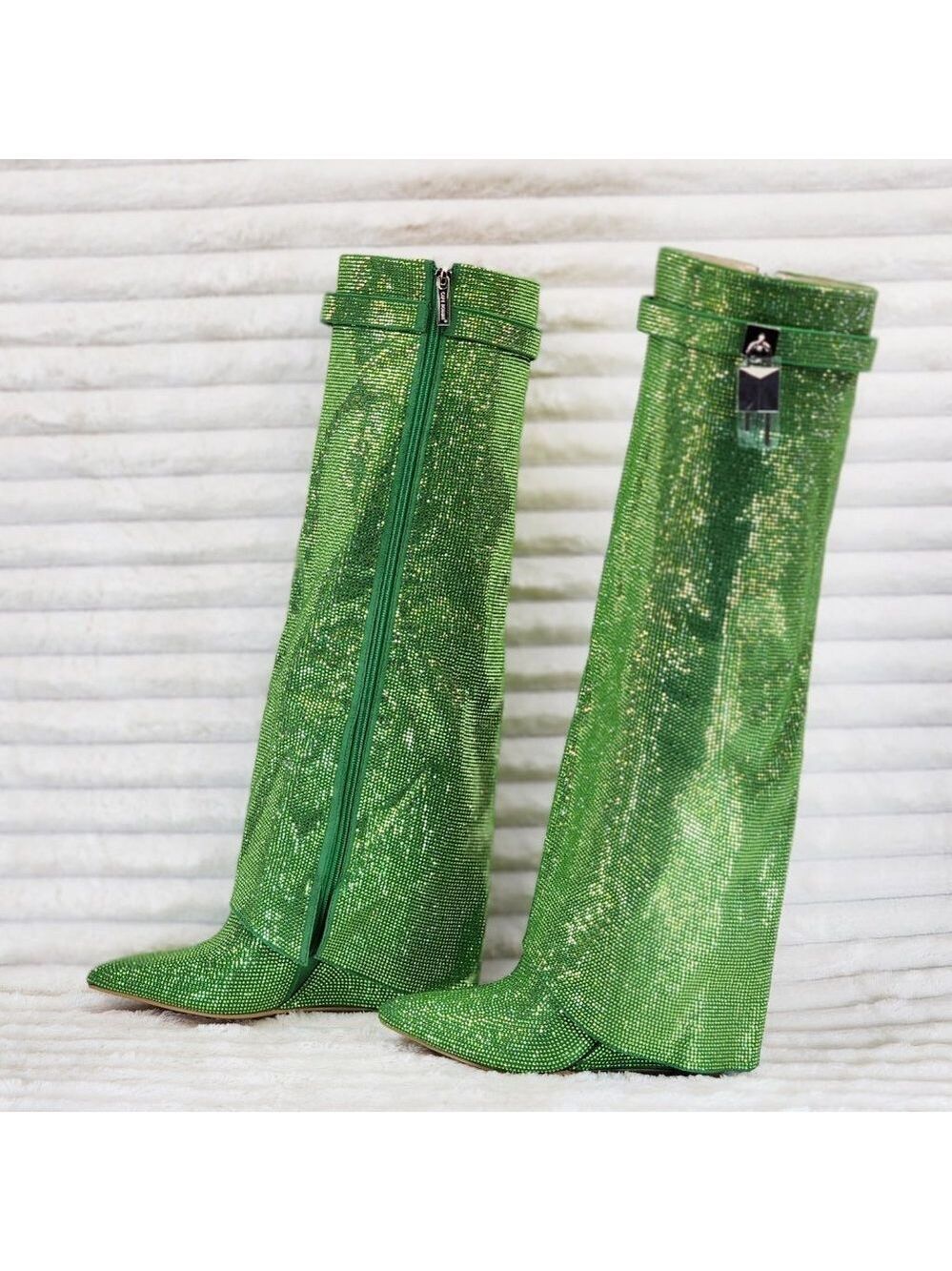 Super Sparkle Sharky Green Rhinestone Skirted Fold Over Wedge Heel Knee Boots